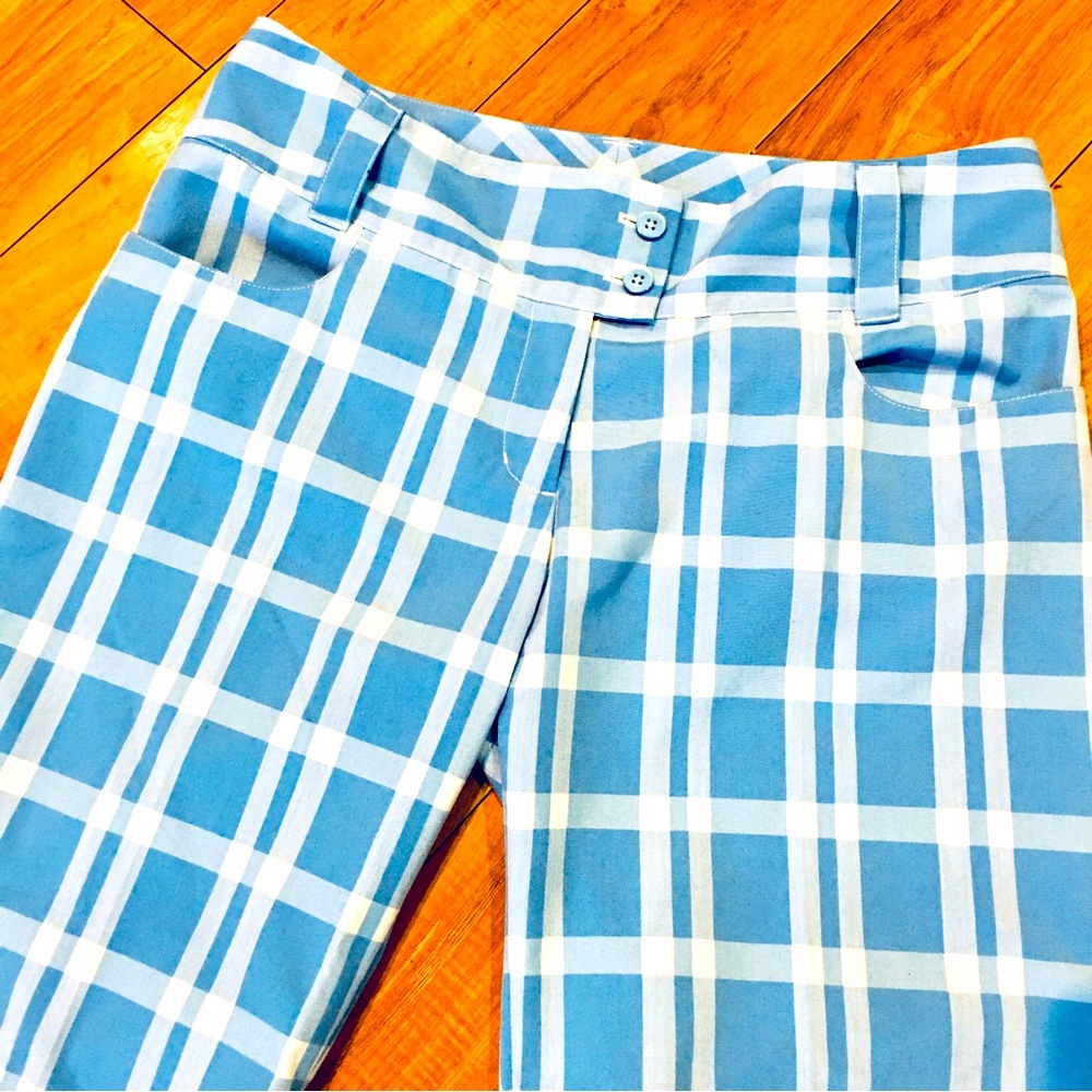 Adidas preppy casual golf style shorts blue white plaid 34 waist medium